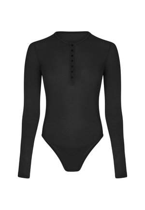 Schwarzer langärmliger Body aus glattem Stoff, mit rundem Halsausschnitt und einer Vorderleiste mit sieben Knöpfen. Eng anliegendes Design am unteren Teil.