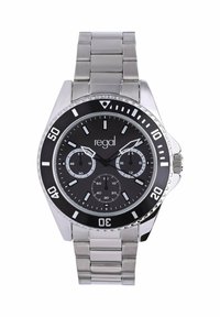 Silberne Armbanduhr aus Edelstahl mit schwarzem Zifferblatt, Chronographen-Unterzifferblättern und drehbarer Lünette. Merkmale große Stundenmarkierungen und ein Gliederarmband.