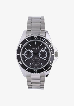 Silver stainless steel watch with a black dial, chronograph subdials, and a rotating bezel. Features large hour markers and a link bracelet.
