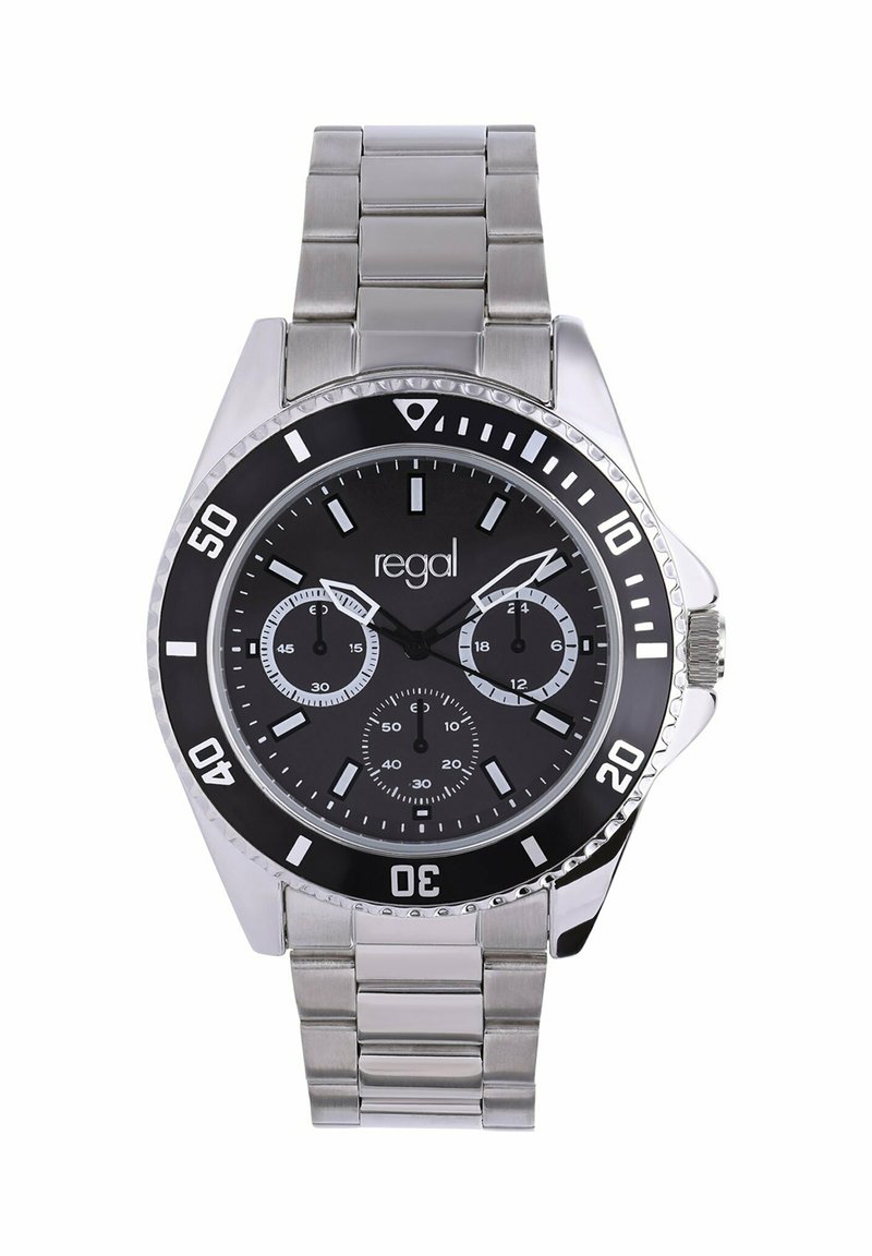 Silberne Armbanduhr aus Edelstahl mit schwarzem Zifferblatt, Chronographen-Unterzifferblättern und drehbarer Lünette. Merkmale große Stundenmarkierungen und ein Gliederarmband.