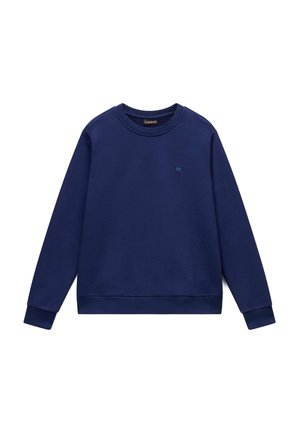 Sweatshirt bleu marine à manches longues avec col rond, poignets côtelés et petit logo brodé sur la poitrine.
