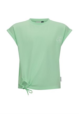 T-shirt verde menta a maniche corte con scollatura rotonda e dettaglio arricciato all'orlo. Presenta un piccolo logo bianco. Tessuto morbido.