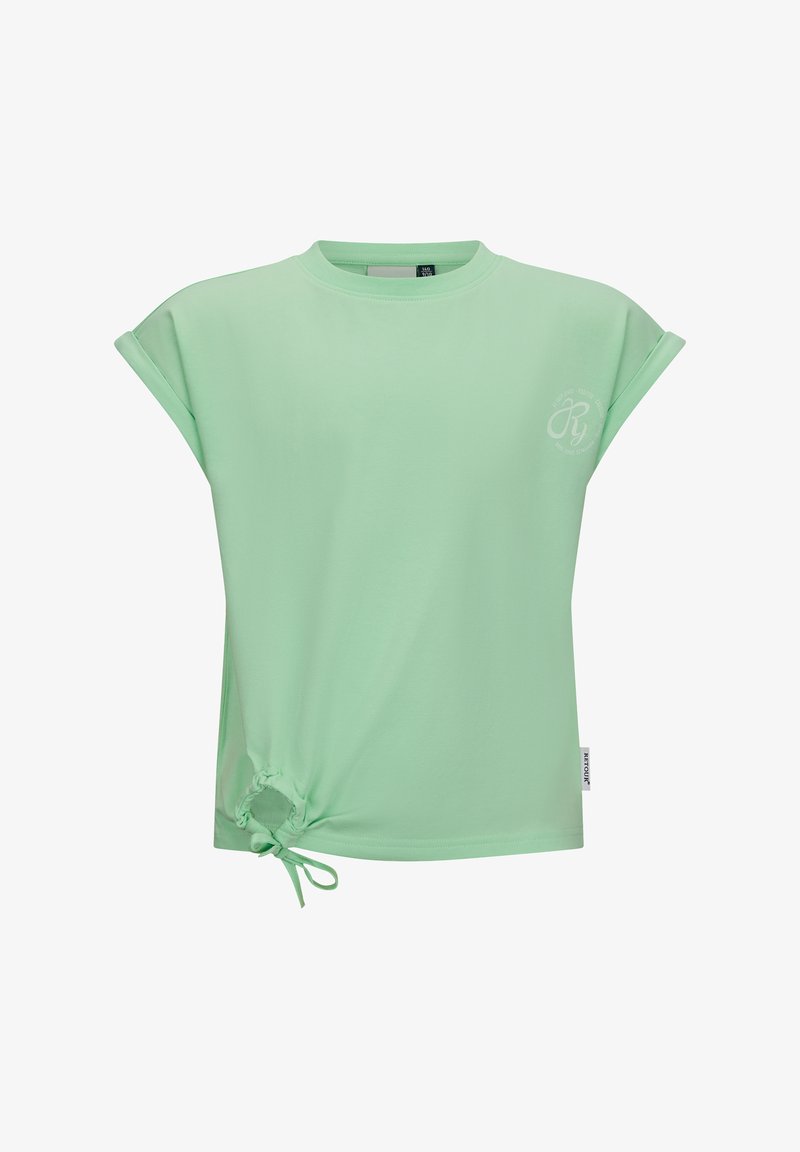 Mintgroene t-shirt met korte mouwen, ronde hals en een geplooid detail aan de onderkant. Voorzien van een klein wit logo. Soepele stof.
