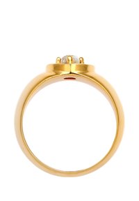 Gold ring with a smooth band, featuring a round clear stone set in a raised, six-prong mount. Simple, polished finish with no embellishments.