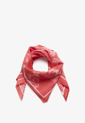 Kerge kangast punane bandaanastyle sall, millel on valged paisley-mustrid ja kontrastsed valged servad. Kolmnurkne kuju.