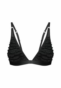 Czarny stanik w kształcie trójkąta, z falbanowym wykończeniem z jednej strony, regulowanymi ramiączkami oraz gładkim pasem pod biustem.