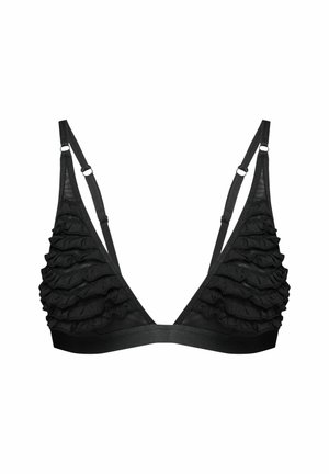 Schwarzer BH mit dreieckiger Form, gerafftem Textil auf einer Seite, verstellbaren Trägern und einem glatten Band unter der Brust.