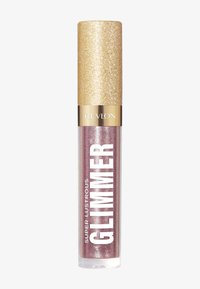 Revlon Super Lustrous Glimmer lipgloss i en klar tube med pink shimmer; guldglitrende hætte; fed hvid tekst.