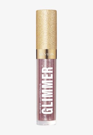 Lip gloss Revlon Super Lustrous Glimmer in un tubo trasparente con riflessi rosa; tappo glitterato oro; testo bianco audace.