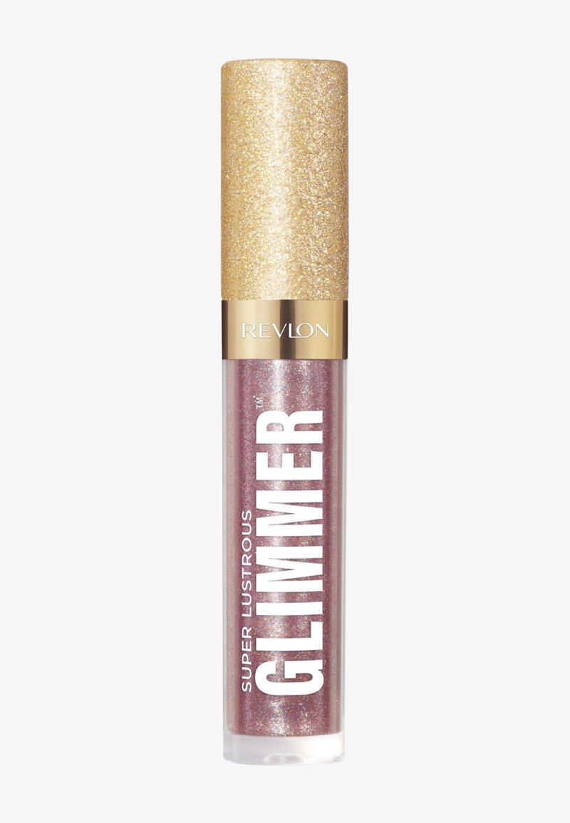 Revlon Super Lustrous Glimmer lipgloss i en klar tube med pink shimmer; guldglitrende hætte; fed hvid tekst.