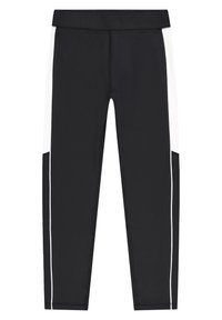 Svarta träningsleggings med vita sidostreck, hög midja och en figurnära design. Tillverkade av elastiskt, slätt material.