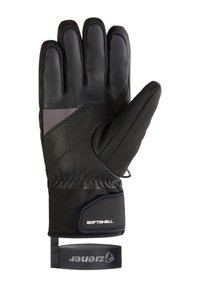 Gant de winter noir en cuir et en matériau softshell, doté d'un design à cinq doigts, d'un poignet élastique et d'une boucle pour attacher.