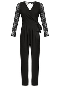 Combinaison noire à manches longues avec manches en dentelle, corsage portefeuille à col en V, taille nouée sur le côté et pantalon droit et slim.