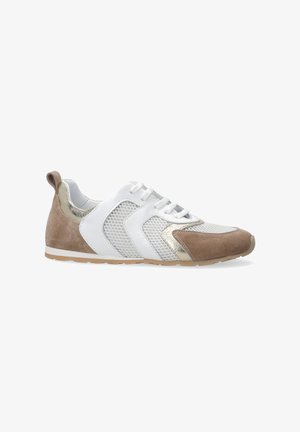 Sneakers with a white mesh upper, brown suede accents, and metallic gold detailing; designed with a rounded toe and flat rubber outsole.