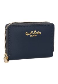 Navy leather wallet with gold zipper and branding. Features a smooth texture and rectangular shape, with a small lock accent on the zipper pull.