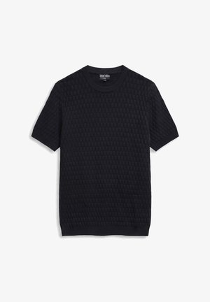 Maglione nero a maniche corte in maglia con motivo quadrato testurizzato e scollo rotondo, disteso su sfondo bianco.