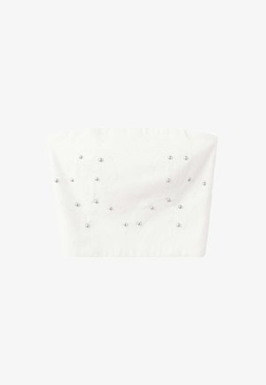 Biely crop top bez ramienok zdobený malými striebornými korálkami roztrúsenými po látke v jemnom vzore.