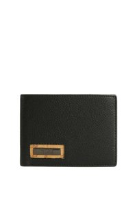 Portafoglio in pelle nera con finitura testurizzata, caratterizzato da un accento metallico rettangolare in tonalità dorate e scure, che mostra un design elegante e minimalista.