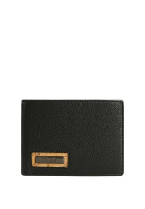 Portafoglio in pelle nera con finitura testurizzata, caratterizzato da un accento metallico rettangolare in tonalità dorate e scure, che mostra un design elegante e minimalista.