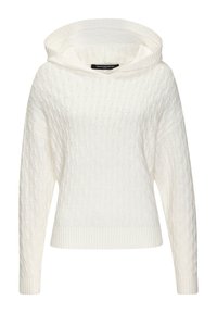 Weißer gestrickter Pullover mit Kapuze, ausgestattet mit einem strukturierten Zopfmuster, gerippten Bündchen und Saum. Weicher Stoff und lockere Passform.