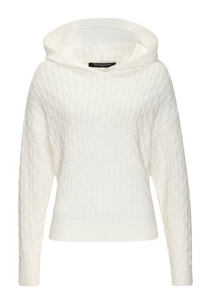 White knitted sweater with a hood, featuring a textured cable pattern, ribbed cuffs, and hem. Soft fabric and relaxed fit.
