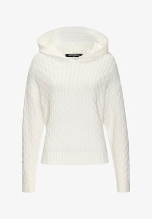 Weißer gestrickter Pullover mit Kapuze, ausgestattet mit einem strukturierten Zopfmuster, gerippten Bündchen und Saum. Weicher Stoff und lockere Passform.