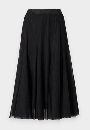 Black maxi skirt with a textured, flowing design. Features a wide, shimmering waistband and a layered, sheer fabric for a graceful look.