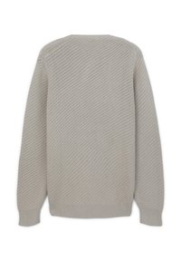 Maglione grigio chiaro con texture e motivo a rombi, maniche lunghe e scollatura tonda. Tessuto lavorato a maglia con orlo e polsini a costine.