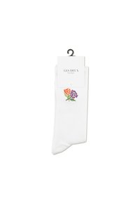 Weiße, gerippte Socken mit einem mehrfarbigen Blumenmuster aus orangefarbenen und lila Rosen. Kommt mit einem anhängenden Etikett mit der Aufschrift "LES DEUX."