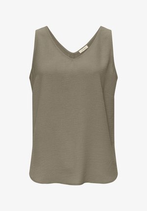 Ärmelloses Top mit V-Ausschnitt in Olivgrün. Hergestellt aus einem glatten, leichten Stoff mit subtiler Textur. Gerundeter Saum. Einfaches, minimalistisches Design.
