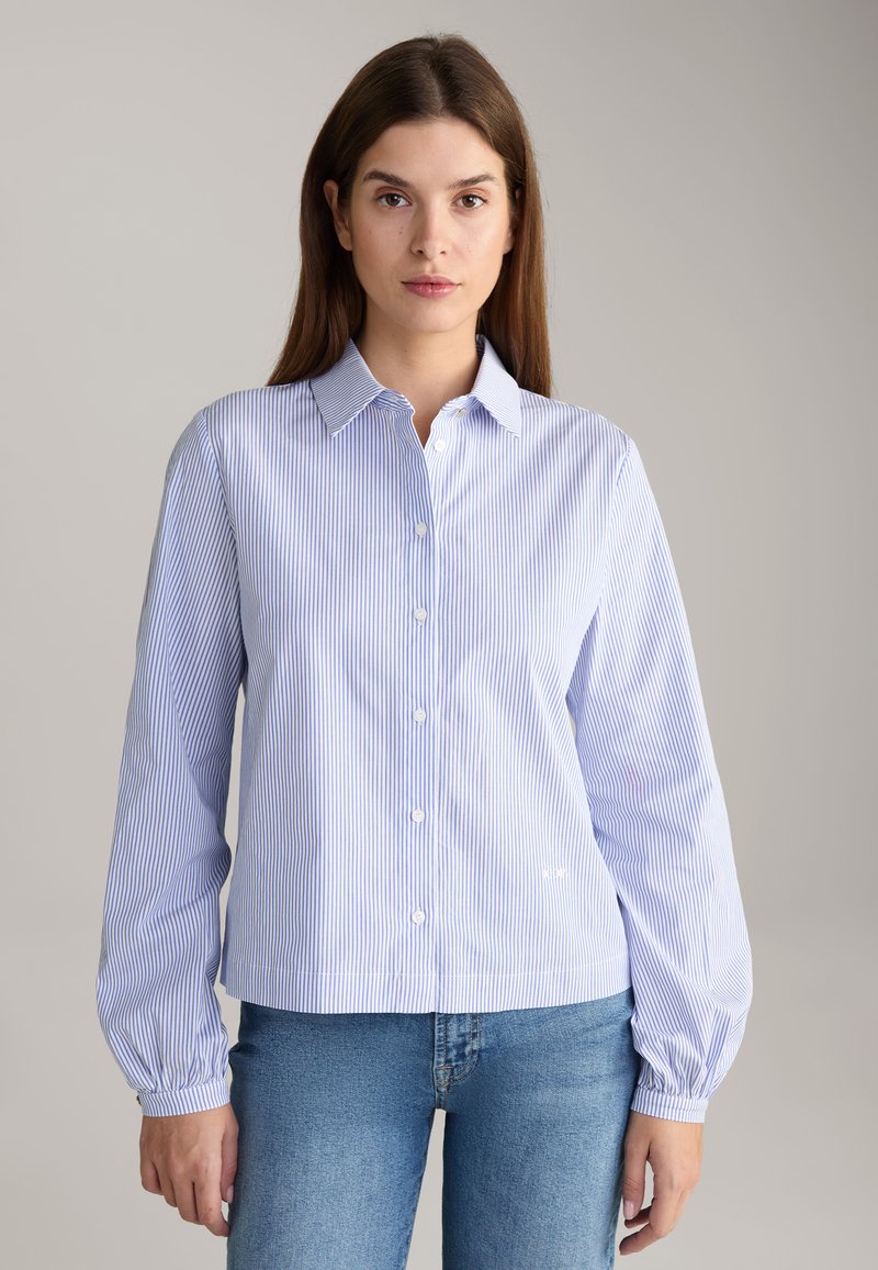 Blauw en wit gestreept overhemd met knoopsluiting, klassieke kraag, lange mouwen en elastische manchetten, gemaakt van een gladde katoenen stoffenmix.