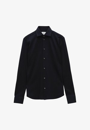 Dark blue long-sleeve button-up shirt with a pointed collar, seven front buttons, and a smooth fabric texture. No patterns or accents visible.