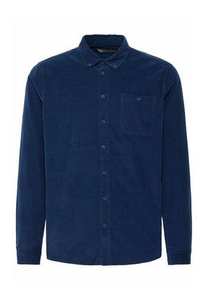 Navy blue corduroy button-up shirt with a collared neckline, long sleeves, and a single chest pocket. Soft texture and regular fit.