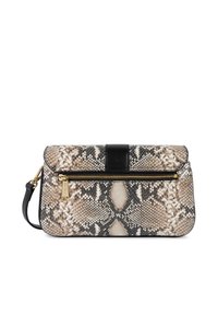 Borsa a clutch con motivo in Python beige e nero, dotata di una tracolla in pelle nera, accessori in oro e una tasca con zip sul davanti.