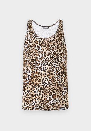 Αμάνικο τοπ με καφέ, μαύρο και μπεζ σχέδιο λεοπάρδαλης και μια μικρή μαύρη ετικέτα στο κάτω ράψιμο σε λευκό φόντο.