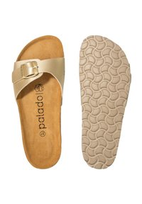 Sandalo scivolo beige con una larga fascia e fibbia metallica, plantare imbottito marrone e suola in gomma testurizzata con un motivo circolare.