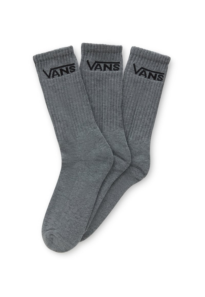 Calcetines de rayas grises con un logo negro de "VANS" en la parte superior, con una textura suave y forma de calcetín tradicional. Vendidos en un paquete de tres.
