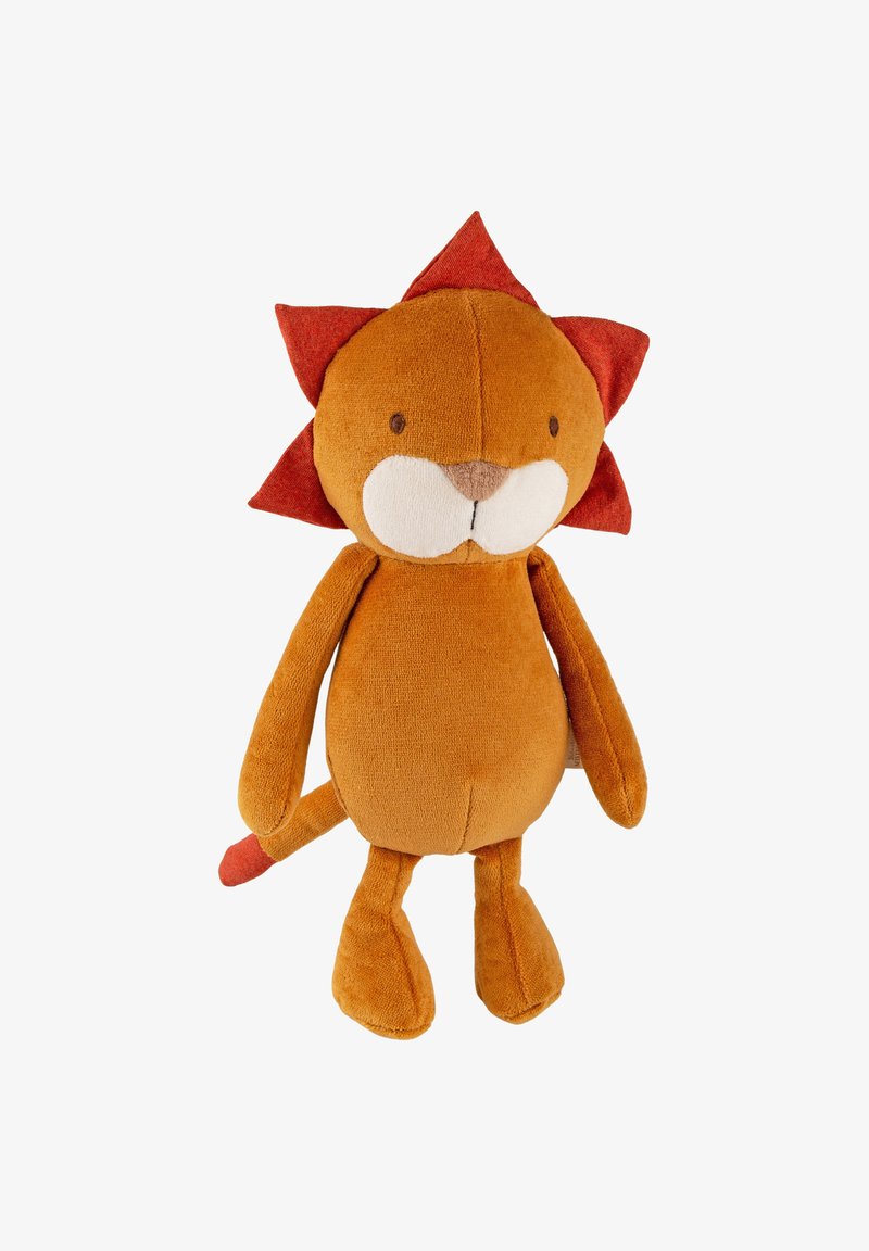 Soft brown and orange stuffed lion toy with simple facial features, a round body, and a mane of triangular orange fabric spikes.