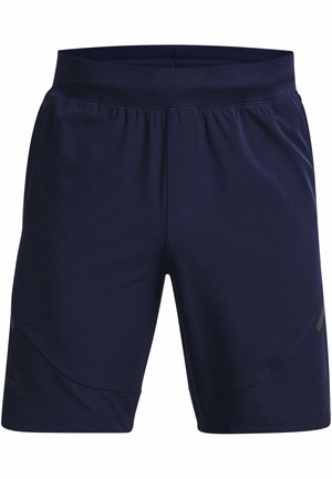 Tumedate sinise värvi sportlikud lühikesed püksid, mis on valmistatud siledast ja kergest kangast. Omavad elastset vööd ja peent õmbluste detaili.