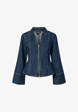 Denim-jakk, millel on lukuga sulgemine, helesinised õmblused ja kitsas talje. Omab kraed ja volange pikad varrukad.