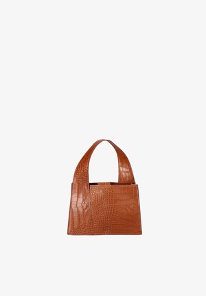 Brown crocodile-patterned leather handbag with a wide strap and structured rectangular shape on a white background.