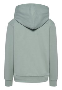 Haut à capuche vert clair avec une poche kangourou, texture douce, poignets et ourlet côtelés. Il présente une grande capuche et un design minimaliste.