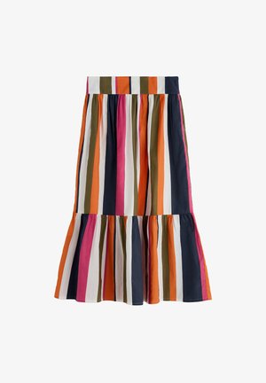 Csíkos pamut midi szoknya merész színekben: narancs, rózsaszín, tengerészkék, zöld és fehér. Bővülő fazon, alján ráncolt textúrával.