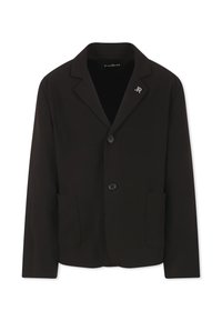 Blazer nero con revers, due bottoni e due tasche frontali. Presenta un piccolo accento argento "JR" sul lato sinistro e una texture liscia.