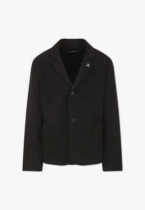 Blazer nero con revers, due bottoni e due tasche frontali. Presenta un piccolo accento argento "JR" sul lato sinistro e una texture liscia.