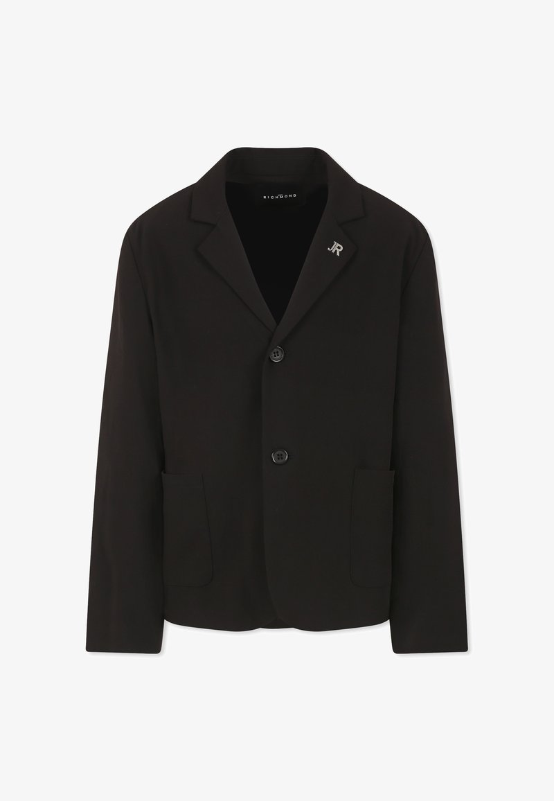 Blazer nero con revers, due bottoni e due tasche frontali. Presenta un piccolo accento argento "JR" sul lato sinistro e una texture liscia.