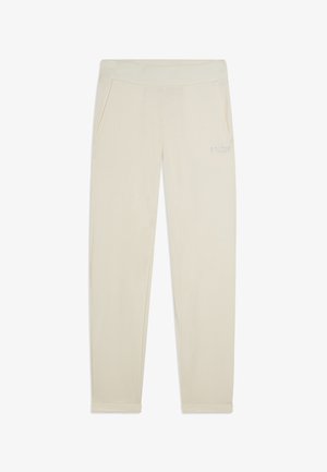 Pantalon beige ajusté avec poches avant et détail de logo ton sur ton subtil sur la cuisse droite, fabriqué en tissu lisse.