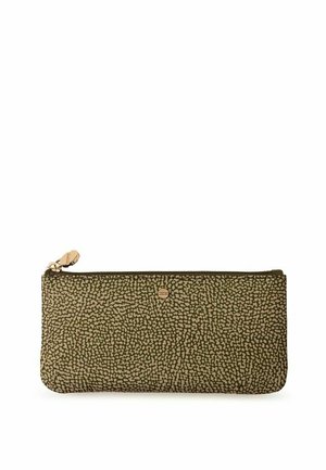 Pochette rectangulaire vert olive avec un motif de points irréguliers sur toute la surface, une fermeture éclair dorée et un petit logo rond.