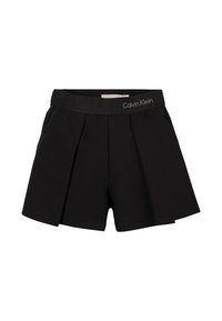 Pantaloni corti neri con pieghe, cintura elastica con logo "Calvin Klein", tasche frontali e tessuto in morbido misto cotone.