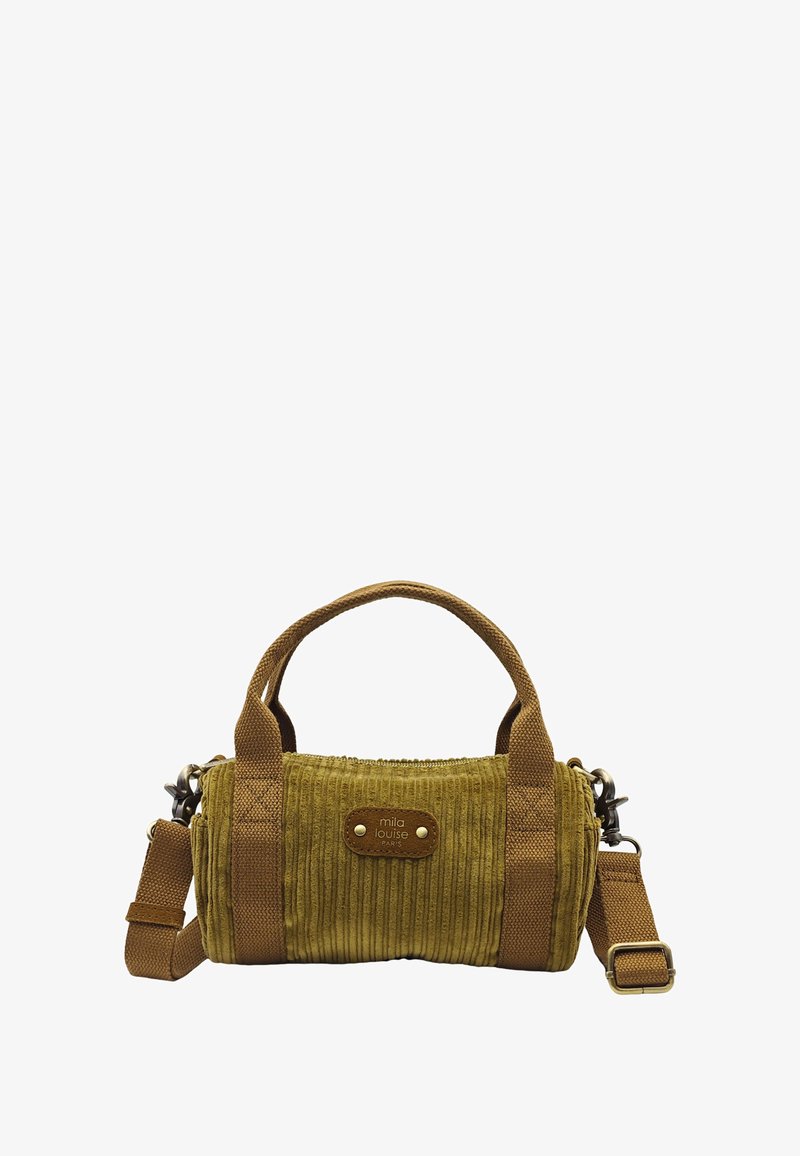 Sac à main en velours côtelé vert olive avec une forme structurée, des poignées doubles, une bandoulière réglable et une plaque métallique avec logo.